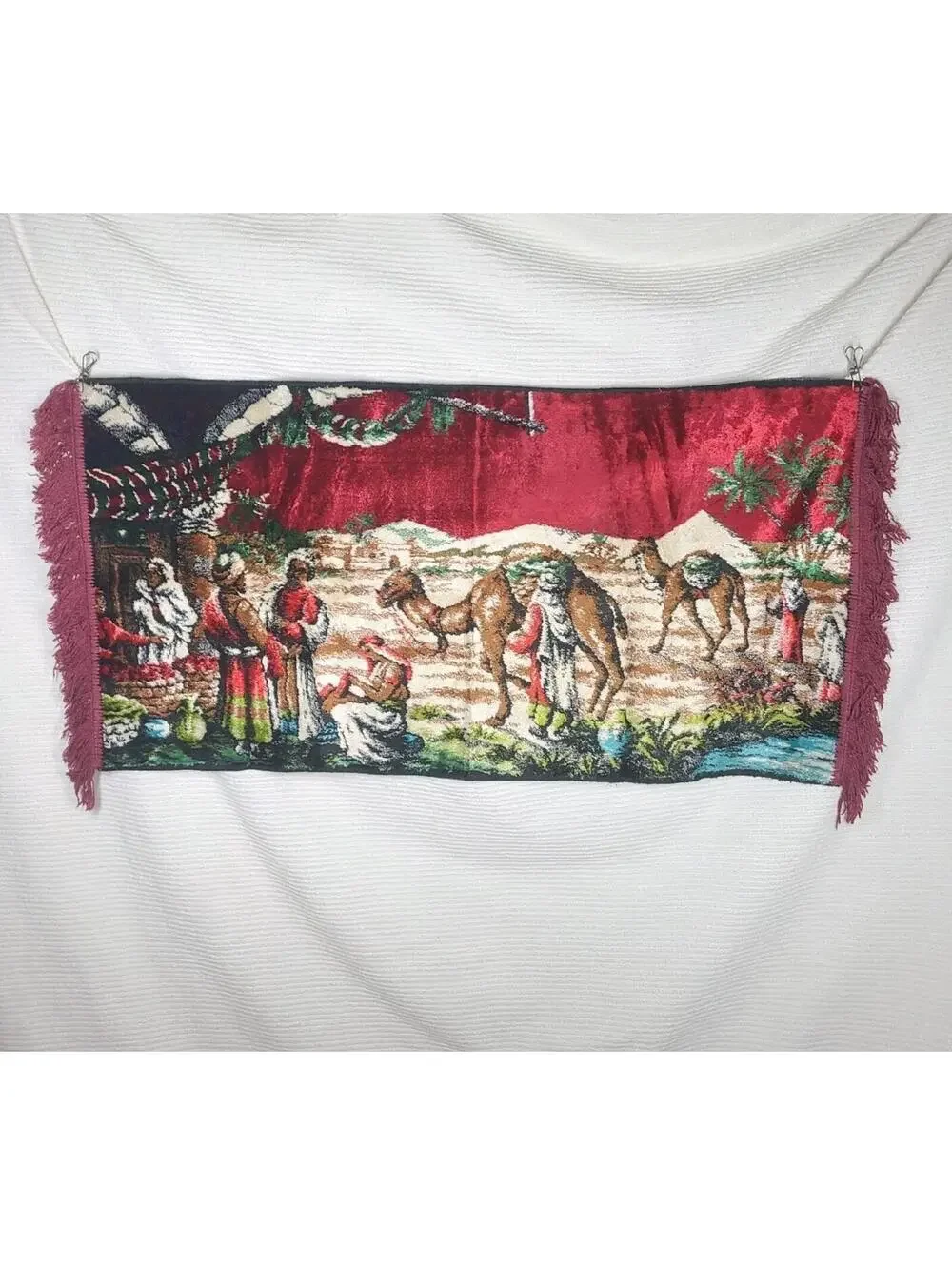 Vtg Velvet Tapestry Woven Cotton Wall Art 44x20” Rectangle Desert Scene Camels